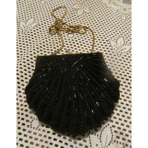 Retro Vintage Black Satin Beaded Clamshell Evening Clutch/Purse/Hand Bag